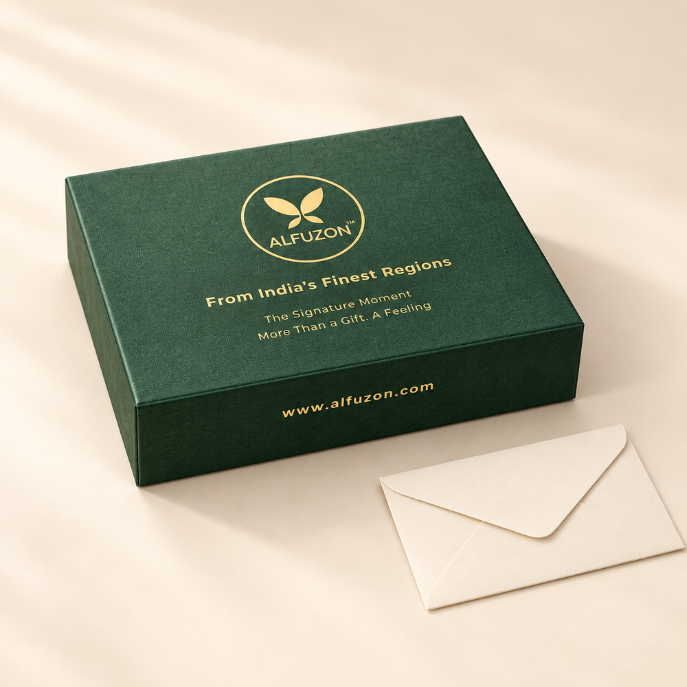 Closed Alfuzon forest-green gift box with gold foil logo; envelope shown as a prop