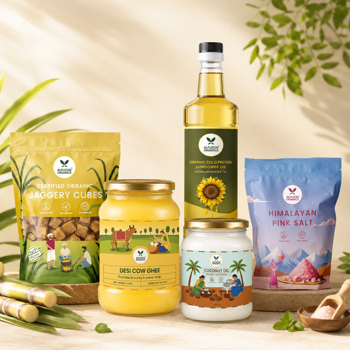 Alfuzon Organics jaggery cubes, desi cow ghee, sunflower oil, coconut oil and Himalayan pink salt