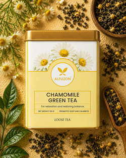 Alfuzon Chamomile Green Tea: tin styled with chamomile flowers and loose tea