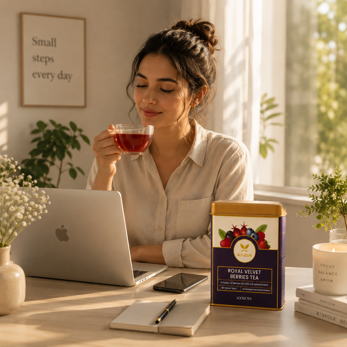 A cup of tea alongside Alfuzon Royal Velvet Berries Tea