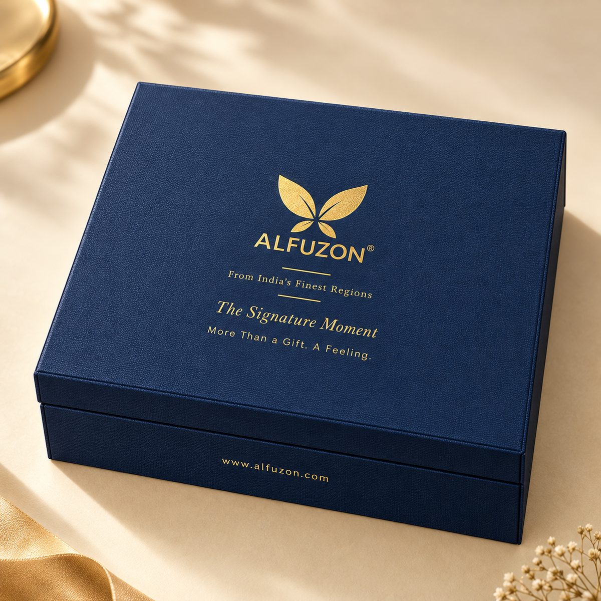 Closed navy and gold Alfuzon Signature gift box