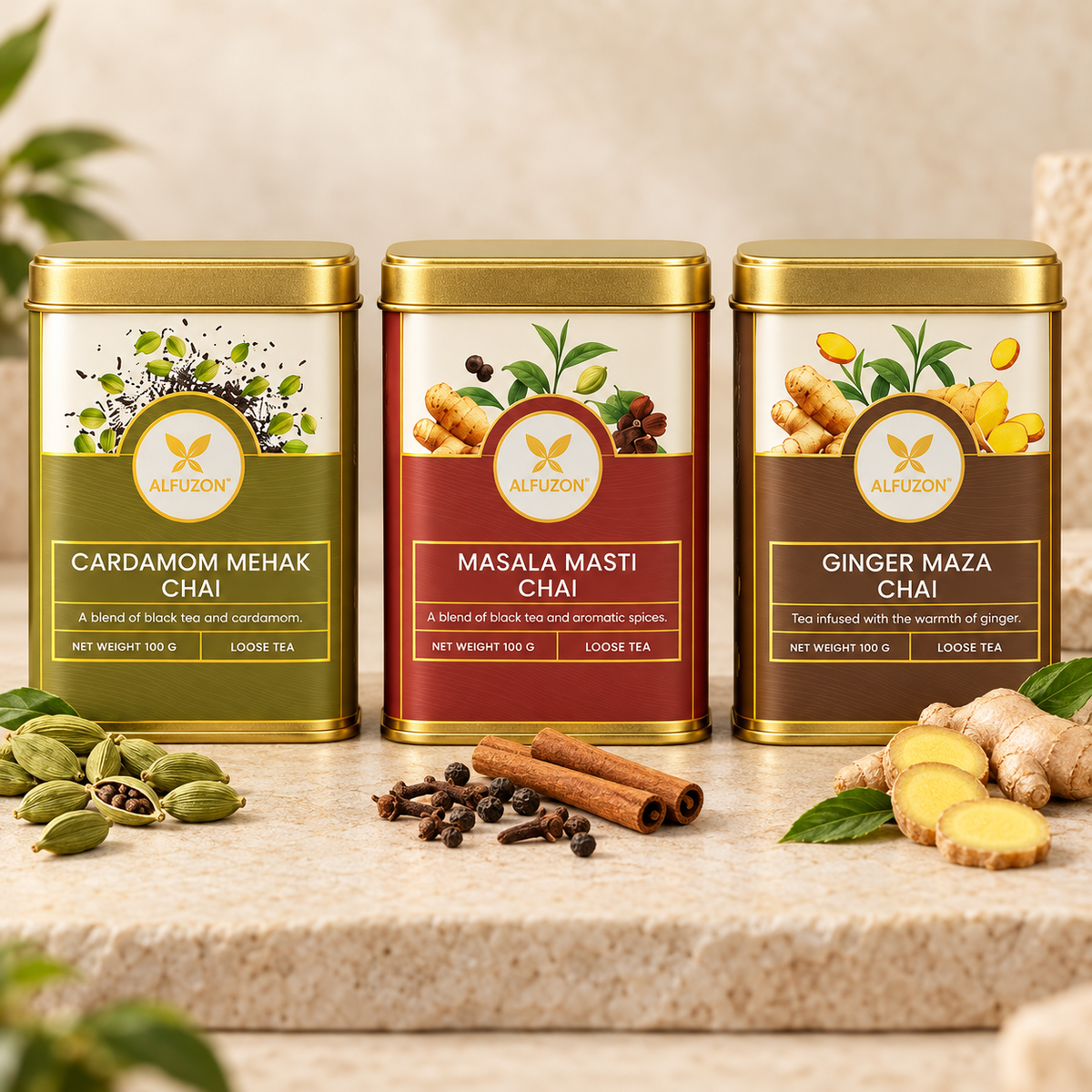 Cardamom Mehak, Masala Masti and Ginger Maza chai, 100 g each