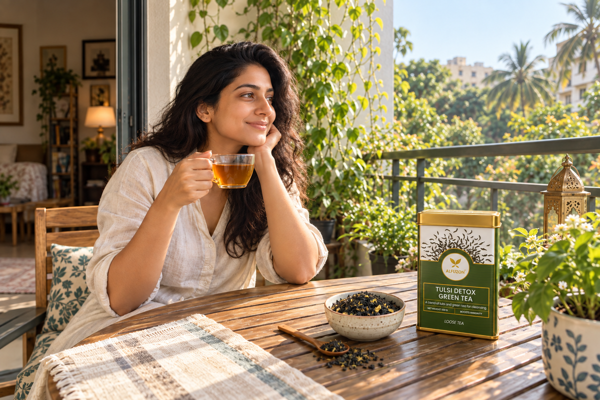 A complete view of an Alfuzon Tulsi Detox Green Tea tin beside a woman enjoying tea