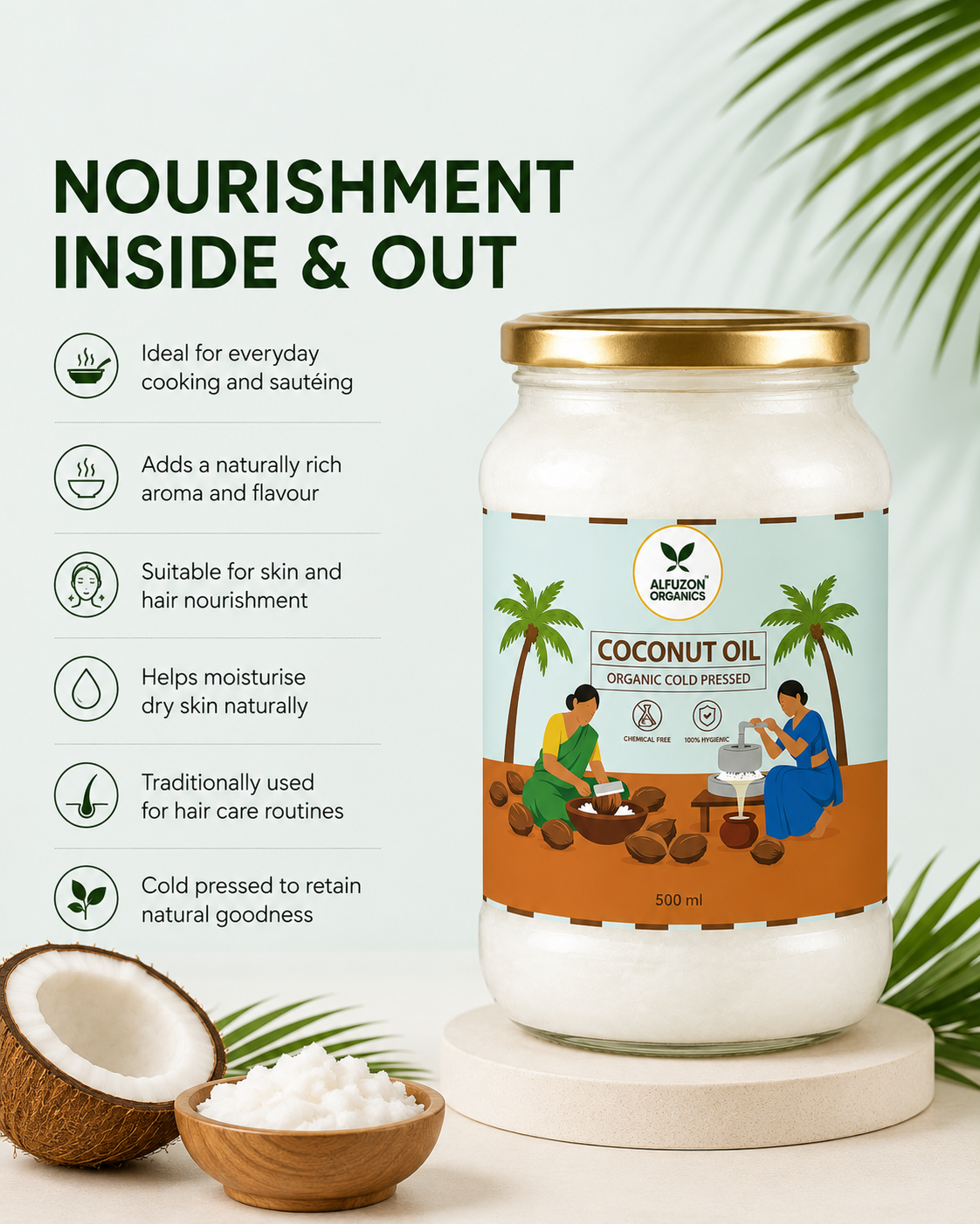 Organic Cold Pressed Coconut Oil | Pure Wood Pressed Virgin Coconut Oil (500 ML)