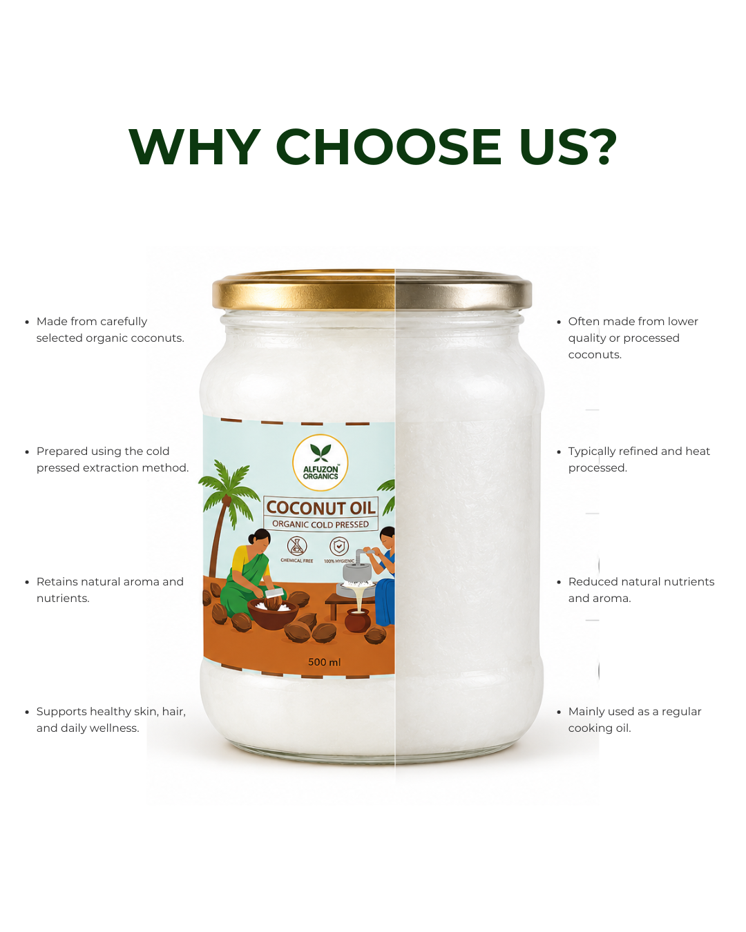 Organic Cold Pressed Coconut Oil | Pure Wood Pressed Virgin Coconut Oil (500 ML)